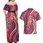 Brisbane Lions ANZAC Day Couples Matching Off Shoulder Maxi Dress and Hawaiian Shirt Indigenous Poppy Remembrance Lion Warrior