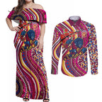 Brisbane Lions ANZAC Day Couples Matching Off Shoulder Maxi Dress and Long Sleeve Button Shirt Indigenous Poppy Remembrance Lion Warrior