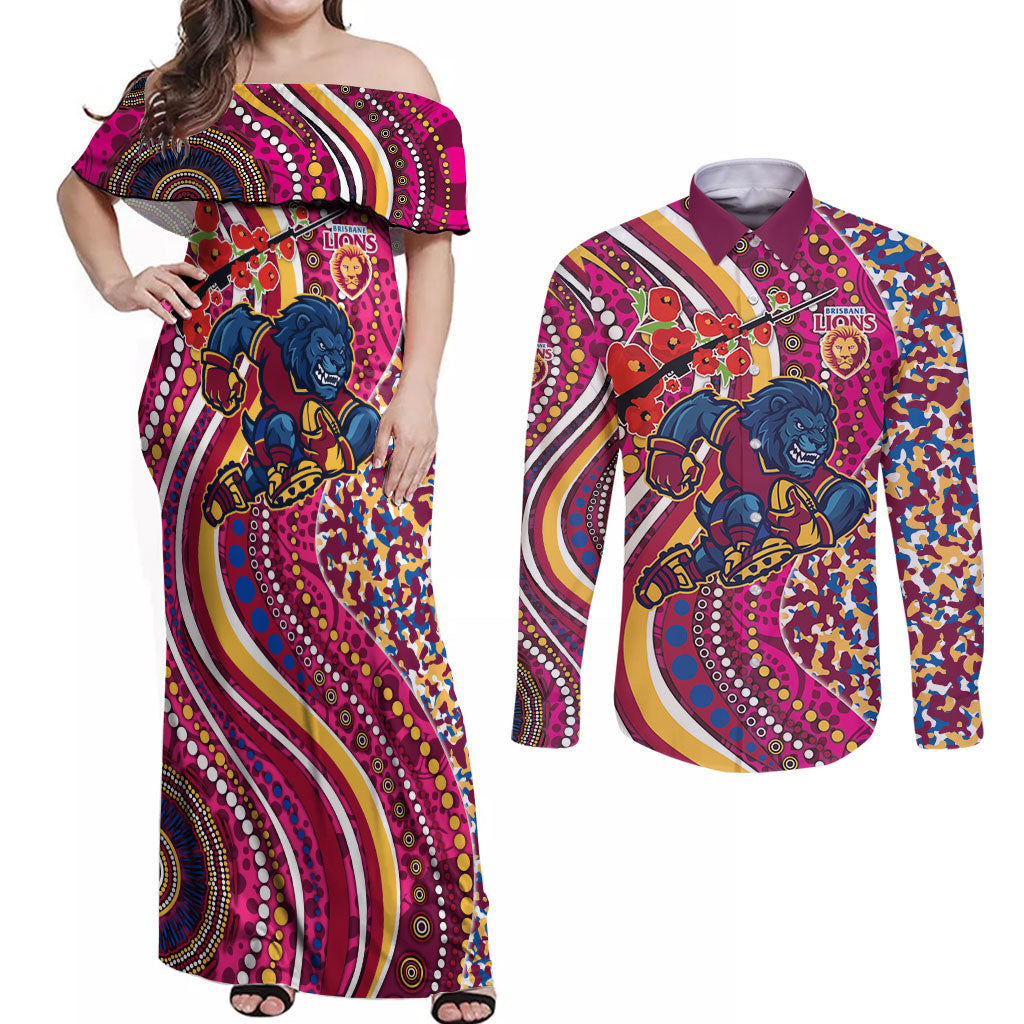 Brisbane Lions ANZAC Day Couples Matching Off Shoulder Maxi Dress and Long Sleeve Button Shirt Indigenous Poppy Remembrance Lion Warrior