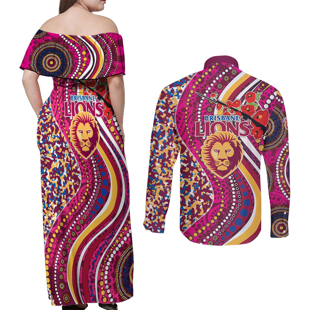 Brisbane Lions ANZAC Day Couples Matching Off Shoulder Maxi Dress and Long Sleeve Button Shirt Indigenous Poppy Remembrance Lion Warrior