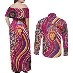 Brisbane Lions ANZAC Day Couples Matching Off Shoulder Maxi Dress and Long Sleeve Button Shirt Indigenous Poppy Remembrance Lion Warrior