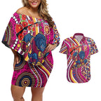 Brisbane Lions ANZAC Day Couples Matching Off Shoulder Short Dress and Hawaiian Shirt Indigenous Poppy Remembrance Lion Warrior