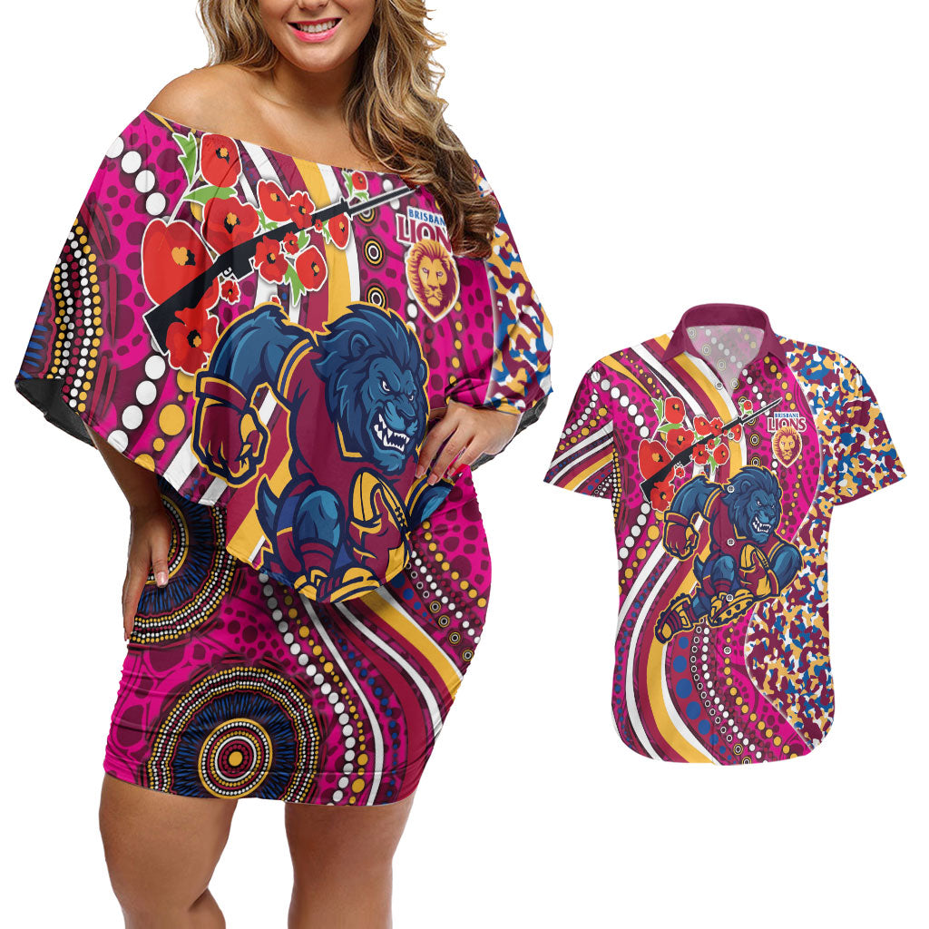 Brisbane Lions ANZAC Day Couples Matching Off Shoulder Short Dress and Hawaiian Shirt Indigenous Poppy Remembrance Lion Warrior