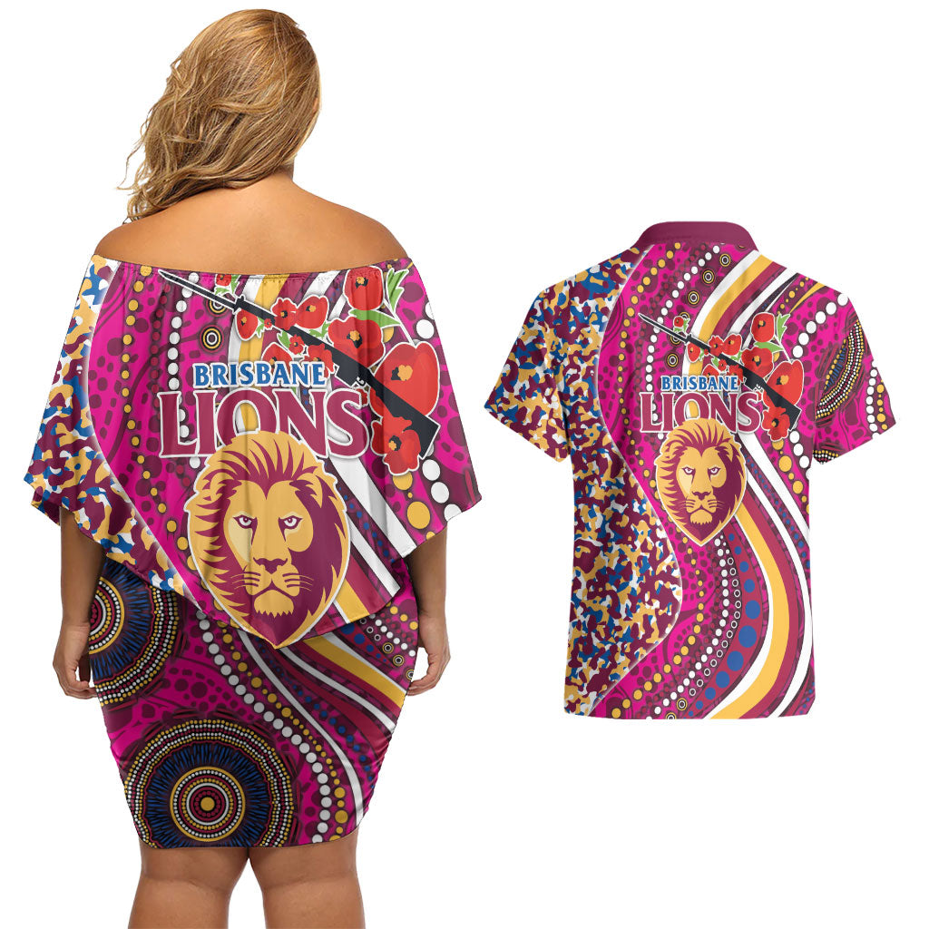 Brisbane Lions ANZAC Day Couples Matching Off Shoulder Short Dress and Hawaiian Shirt Indigenous Poppy Remembrance Lion Warrior