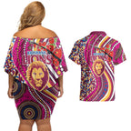 Brisbane Lions ANZAC Day Couples Matching Off Shoulder Short Dress and Hawaiian Shirt Indigenous Poppy Remembrance Lion Warrior