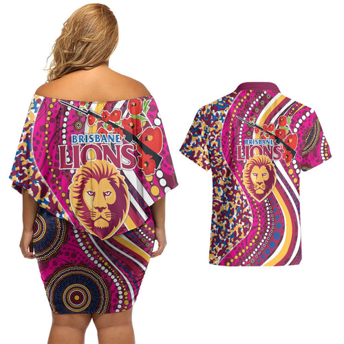 Brisbane Lions ANZAC Day Couples Matching Off Shoulder Short Dress and Hawaiian Shirt Indigenous Poppy Remembrance Lion Warrior
