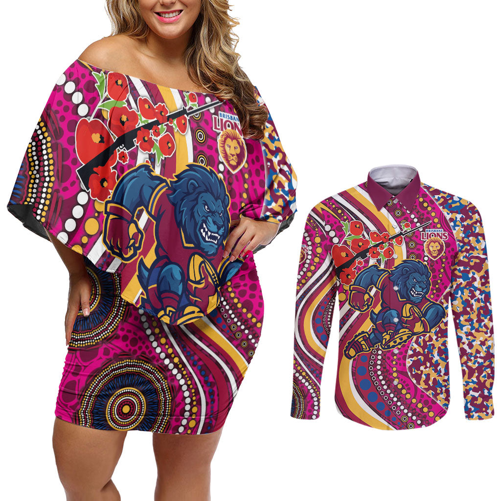 Brisbane Lions ANZAC Day Couples Matching Off Shoulder Short Dress and Long Sleeve Button Shirt Indigenous Poppy Remembrance Lion Warrior