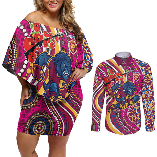 Brisbane Lions ANZAC Day Couples Matching Off Shoulder Short Dress and Long Sleeve Button Shirt Indigenous Poppy Remembrance Lion Warrior