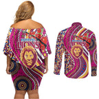 Brisbane Lions ANZAC Day Couples Matching Off Shoulder Short Dress and Long Sleeve Button Shirt Indigenous Poppy Remembrance Lion Warrior