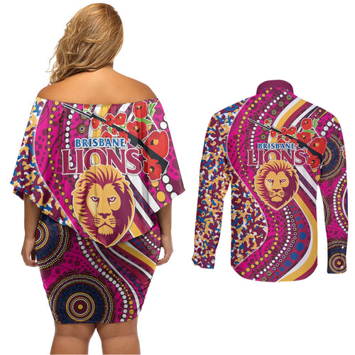 Brisbane Lions ANZAC Day Couples Matching Off Shoulder Short Dress and Long Sleeve Button Shirt Indigenous Poppy Remembrance Lion Warrior