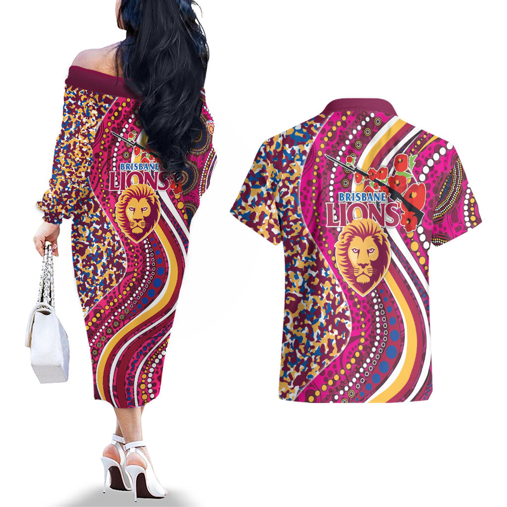 Brisbane Lions ANZAC Day Couples Matching Off The Shoulder Long Sleeve Dress and Hawaiian Shirt Indigenous Poppy Remembrance Lion Warrior