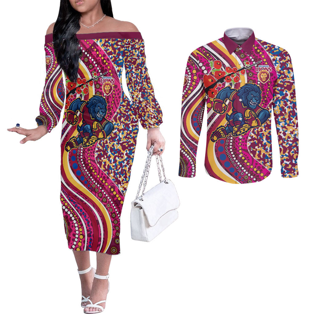 Brisbane Lions ANZAC Day Couples Matching Off The Shoulder Long Sleeve Dress and Long Sleeve Button Shirt Indigenous Poppy Remembrance Lion Warrior
