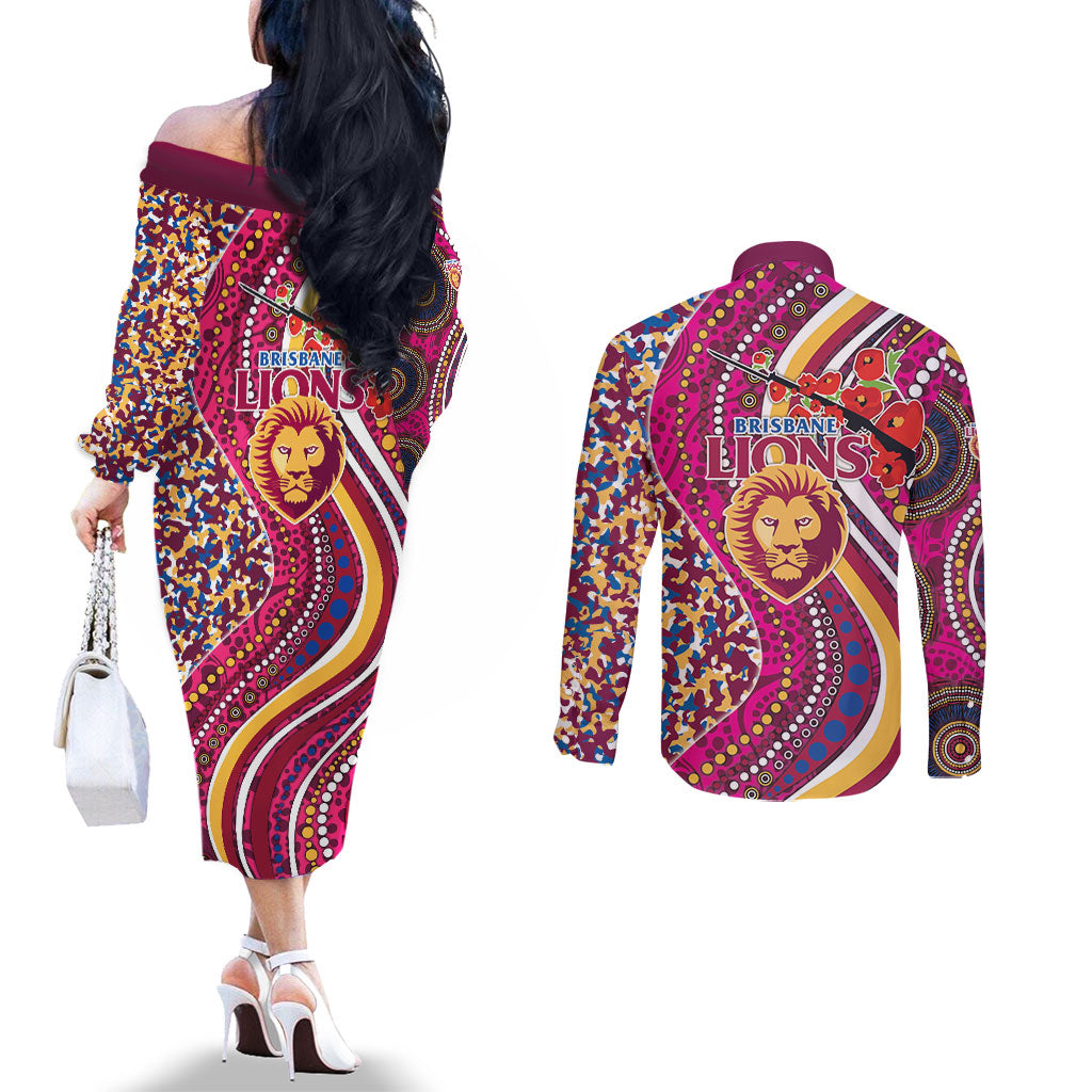 Brisbane Lions ANZAC Day Couples Matching Off The Shoulder Long Sleeve Dress and Long Sleeve Button Shirt Indigenous Poppy Remembrance Lion Warrior