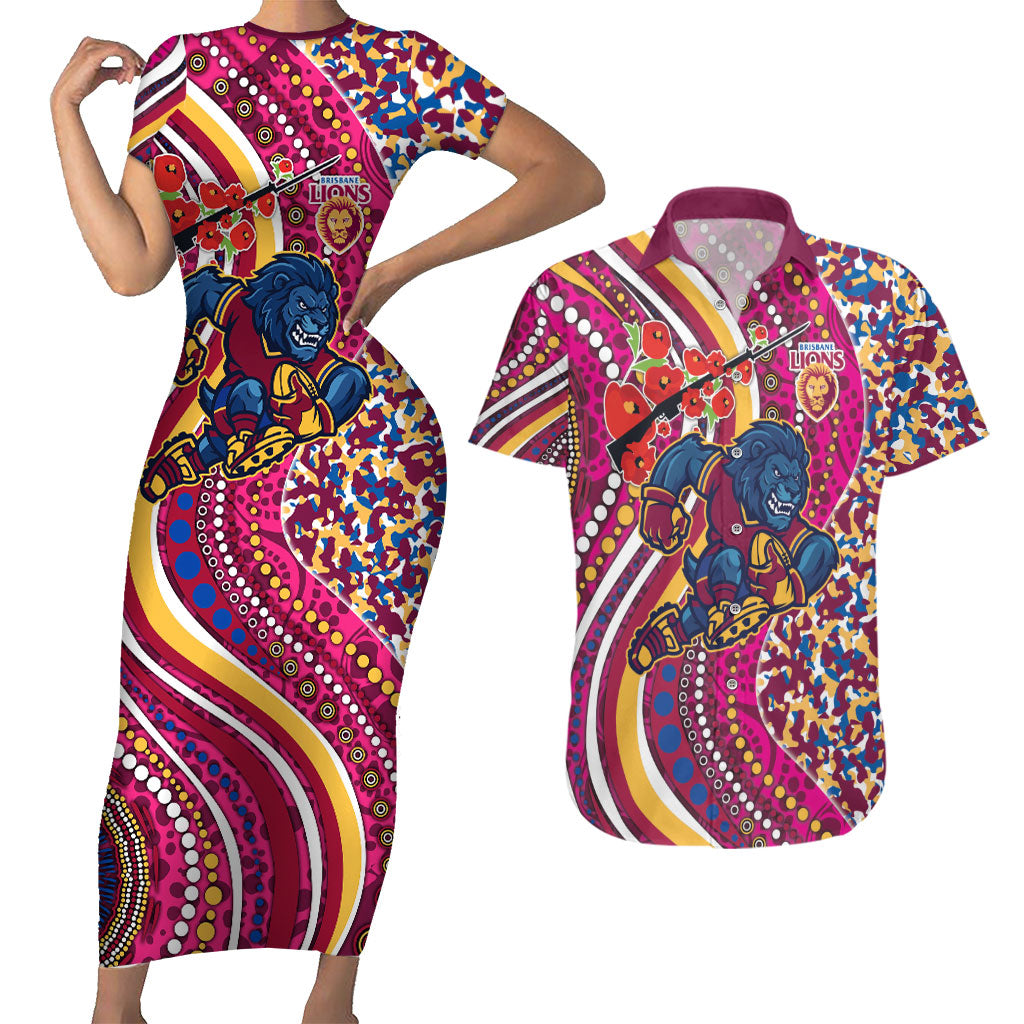 Brisbane Lions ANZAC Day Couples Matching Short Sleeve Bodycon Dress and Hawaiian Shirt Indigenous Poppy Remembrance Lion Warrior