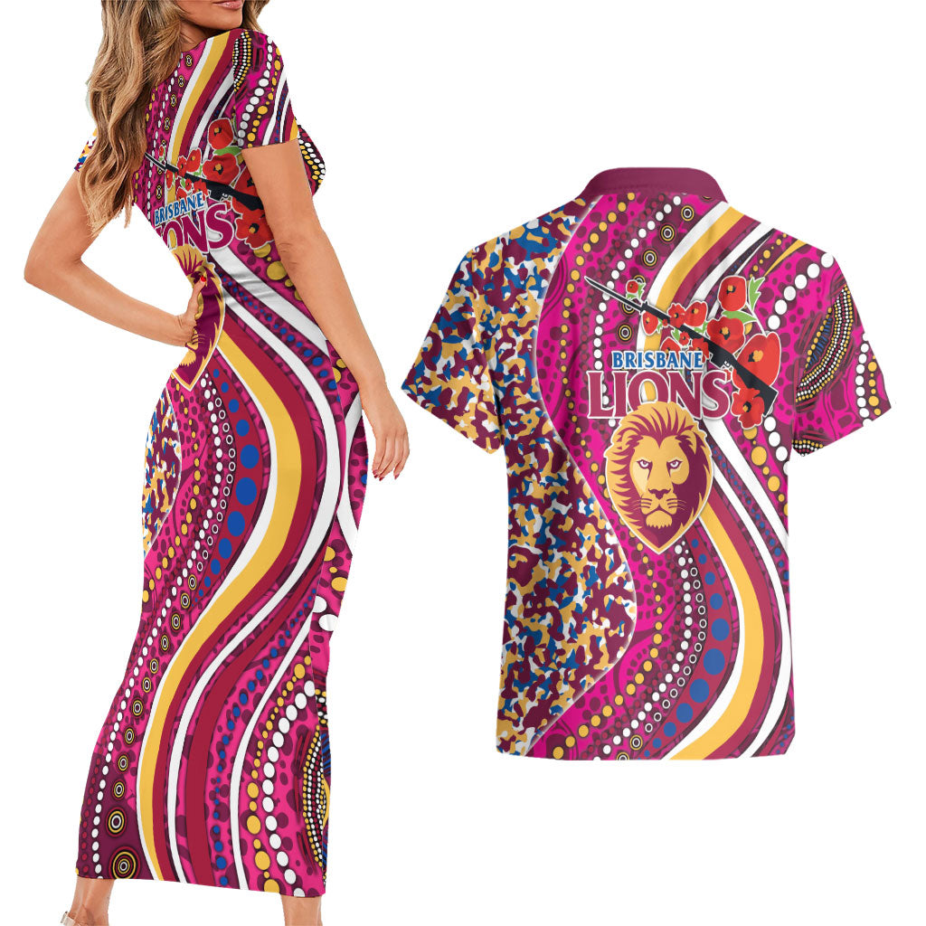 Brisbane Lions ANZAC Day Couples Matching Short Sleeve Bodycon Dress and Hawaiian Shirt Indigenous Poppy Remembrance Lion Warrior