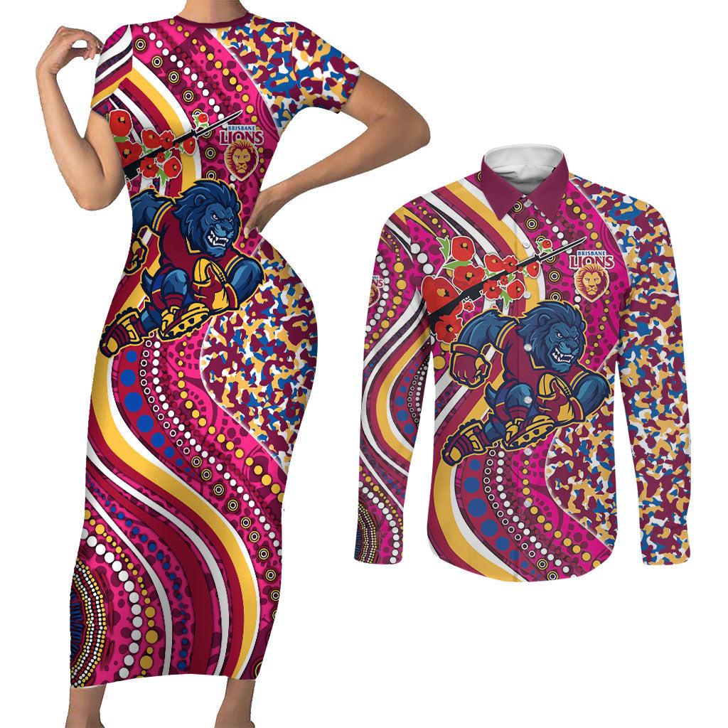 Brisbane Lions ANZAC Day Couples Matching Short Sleeve Bodycon Dress and Long Sleeve Button Shirt Indigenous Poppy Remembrance Lion Warrior