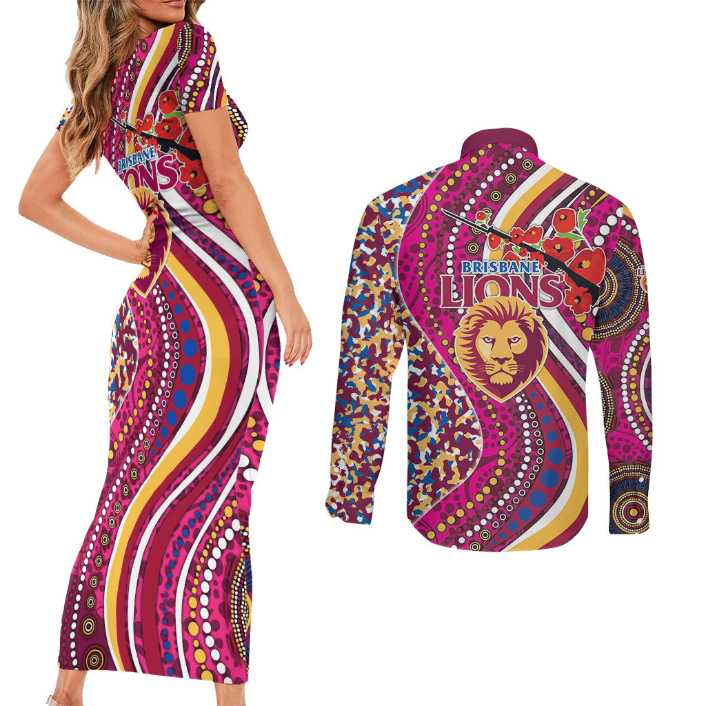 Brisbane Lions ANZAC Day Couples Matching Short Sleeve Bodycon Dress and Long Sleeve Button Shirt Indigenous Poppy Remembrance Lion Warrior