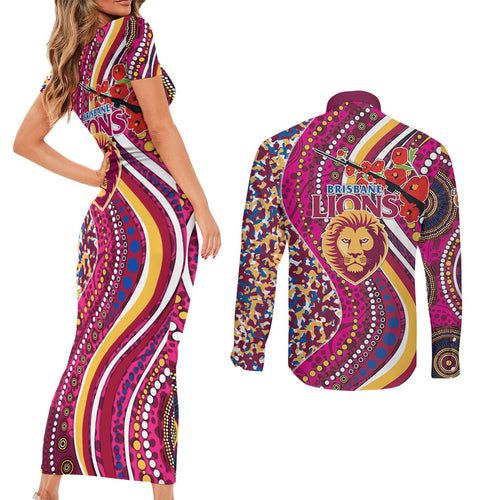 Brisbane Lions ANZAC Day Couples Matching Short Sleeve Bodycon Dress and Long Sleeve Button Shirt Indigenous Poppy Remembrance Lion Warrior