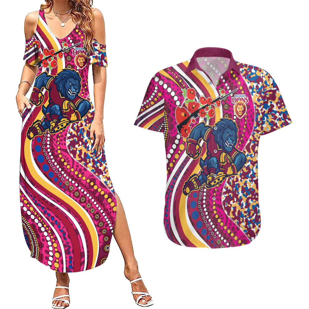 Brisbane Lions ANZAC Day Couples Matching Summer Maxi Dress and Hawaiian Shirt Indigenous Poppy Remembrance Lion Warrior