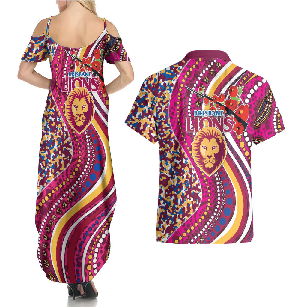 Brisbane Lions ANZAC Day Couples Matching Summer Maxi Dress and Hawaiian Shirt Indigenous Poppy Remembrance Lion Warrior