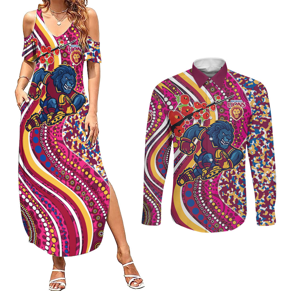Brisbane Lions ANZAC Day Couples Matching Summer Maxi Dress and Long Sleeve Button Shirt Indigenous Poppy Remembrance Lion Warrior