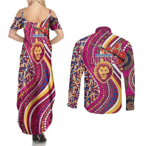 Brisbane Lions ANZAC Day Couples Matching Summer Maxi Dress and Long Sleeve Button Shirt Indigenous Poppy Remembrance Lion Warrior