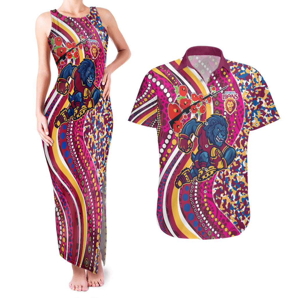 Brisbane Lions ANZAC Day Couples Matching Tank Maxi Dress and Hawaiian Shirt Indigenous Poppy Remembrance Lion Warrior