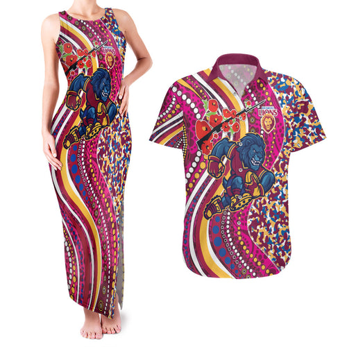 Brisbane Lions ANZAC Day Couples Matching Tank Maxi Dress and Hawaiian Shirt Indigenous Poppy Remembrance Lion Warrior