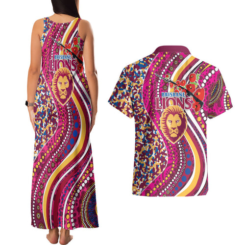 Brisbane Lions ANZAC Day Couples Matching Tank Maxi Dress and Hawaiian Shirt Indigenous Poppy Remembrance Lion Warrior