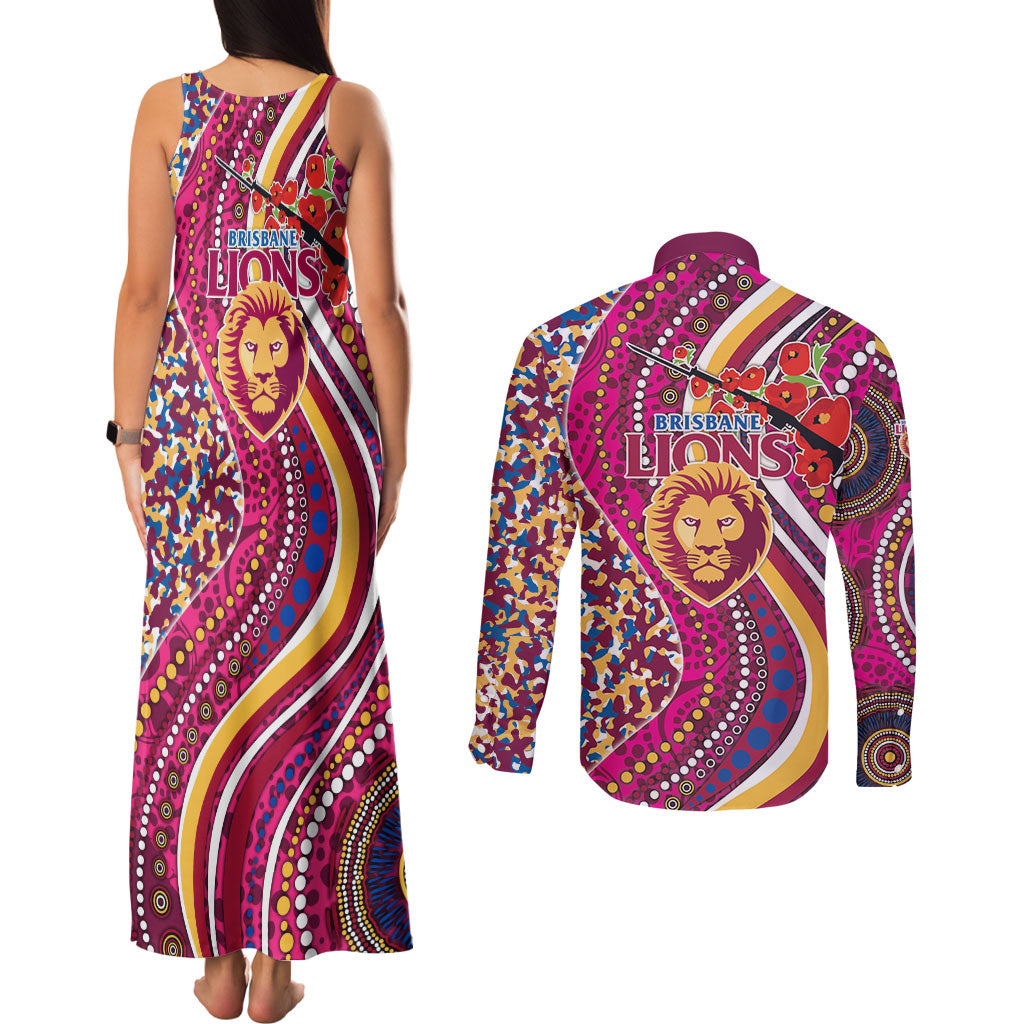 Brisbane Lions ANZAC Day Couples Matching Tank Maxi Dress and Long Sleeve Button Shirt Indigenous Poppy Remembrance Lion Warrior