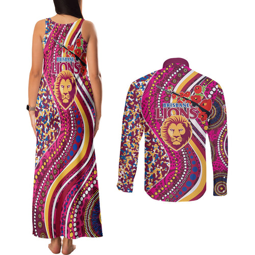 Brisbane Lions ANZAC Day Couples Matching Tank Maxi Dress and Long Sleeve Button Shirt Indigenous Poppy Remembrance Lion Warrior