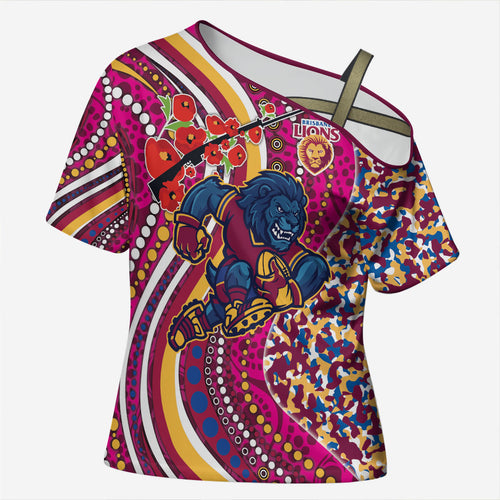 Brisbane Lions ANZAC Day Cross Shoulder Shirt Indigenous Poppy Remembrance Lion Warrior