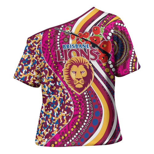 Brisbane Lions ANZAC Day Cross Shoulder Shirt Indigenous Poppy Remembrance Lion Warrior