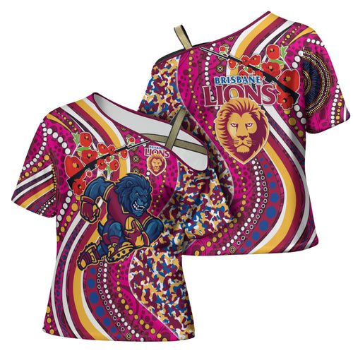 Brisbane Lions ANZAC Day Cross Shoulder Shirt Indigenous Poppy Remembrance Lion Warrior