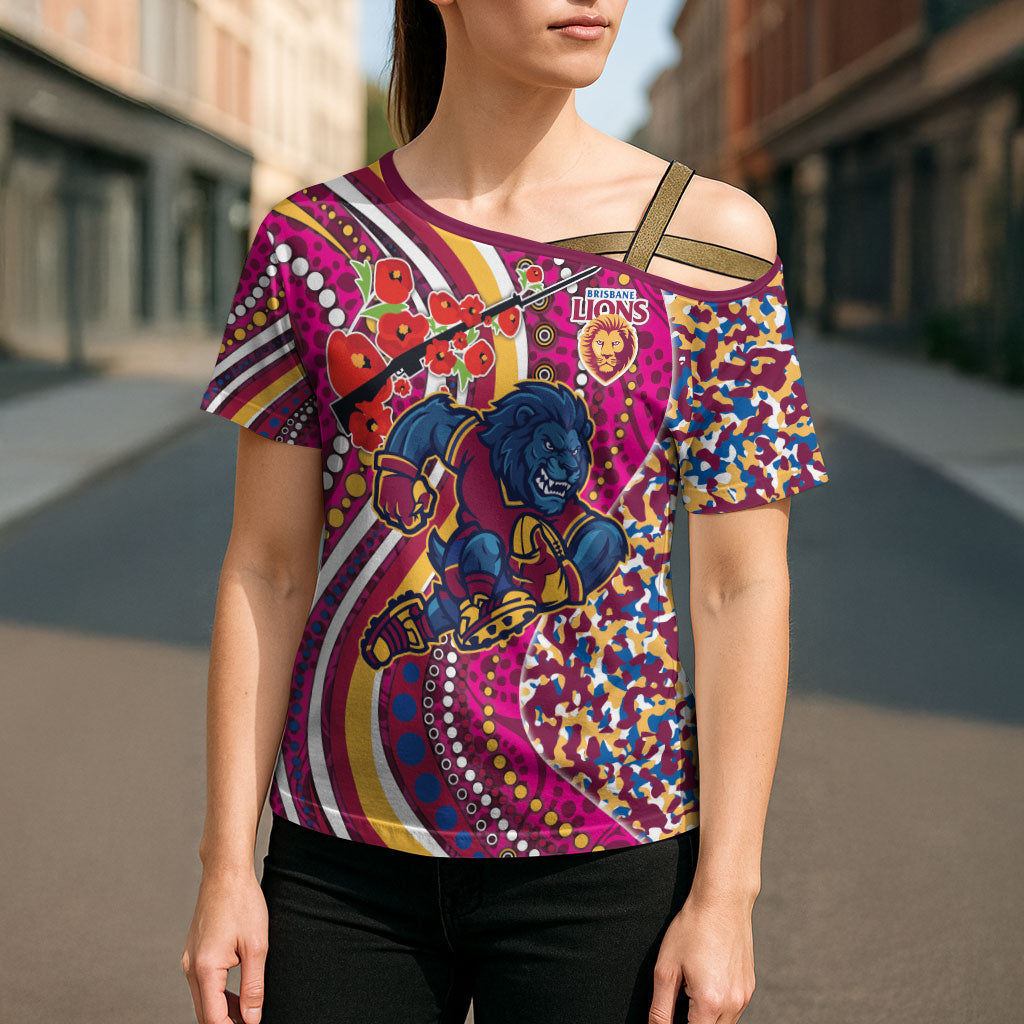 Brisbane Lions ANZAC Day Cross Shoulder Shirt Indigenous Poppy Remembrance Lion Warrior