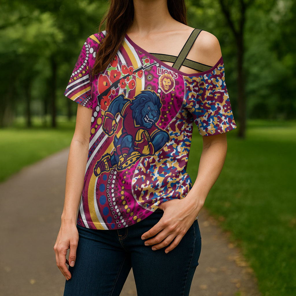 Brisbane Lions ANZAC Day Cross Shoulder Shirt Indigenous Poppy Remembrance Lion Warrior
