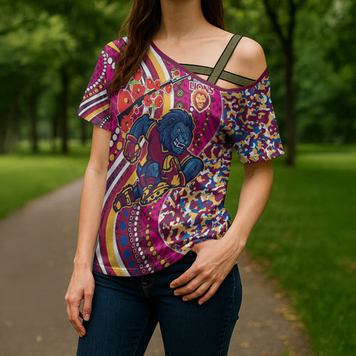 Brisbane Lions ANZAC Day Cross Shoulder Shirt Indigenous Poppy Remembrance Lion Warrior