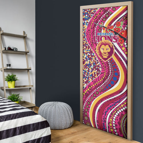 Brisbane Lions ANZAC Day Door Cover Indigenous Poppy Remembrance Lion Warrior