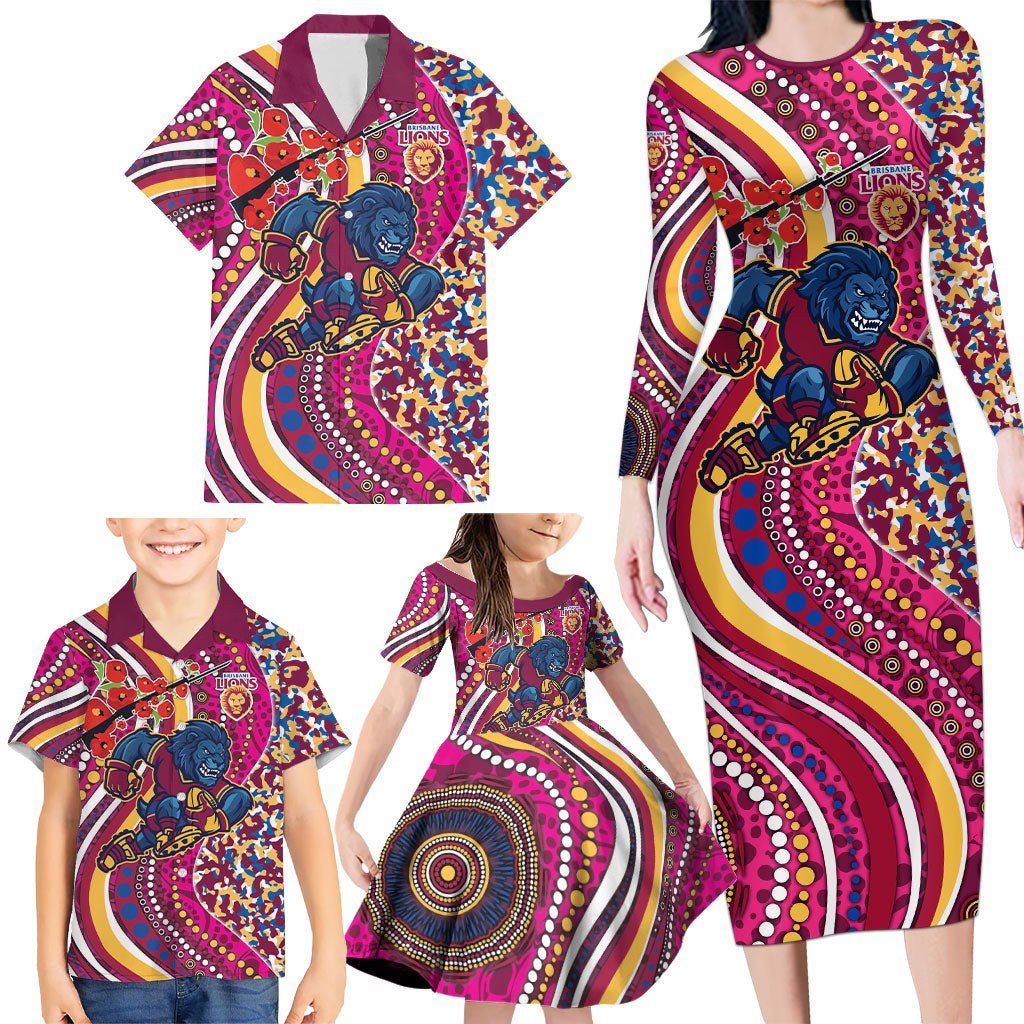 Brisbane Lions ANZAC Day Family Matching Long Sleeve Bodycon Dress and Hawaiian Shirt Indigenous Poppy Remembrance Lion Warrior