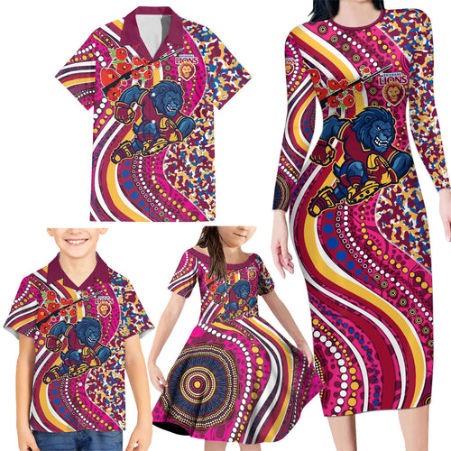 Brisbane Lions ANZAC Day Family Matching Long Sleeve Bodycon Dress and Hawaiian Shirt Indigenous Poppy Remembrance Lion Warrior