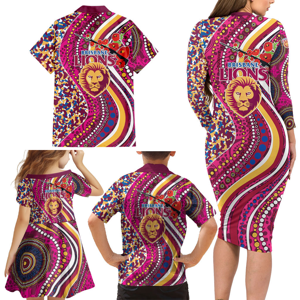 Brisbane Lions ANZAC Day Family Matching Long Sleeve Bodycon Dress and Hawaiian Shirt Indigenous Poppy Remembrance Lion Warrior