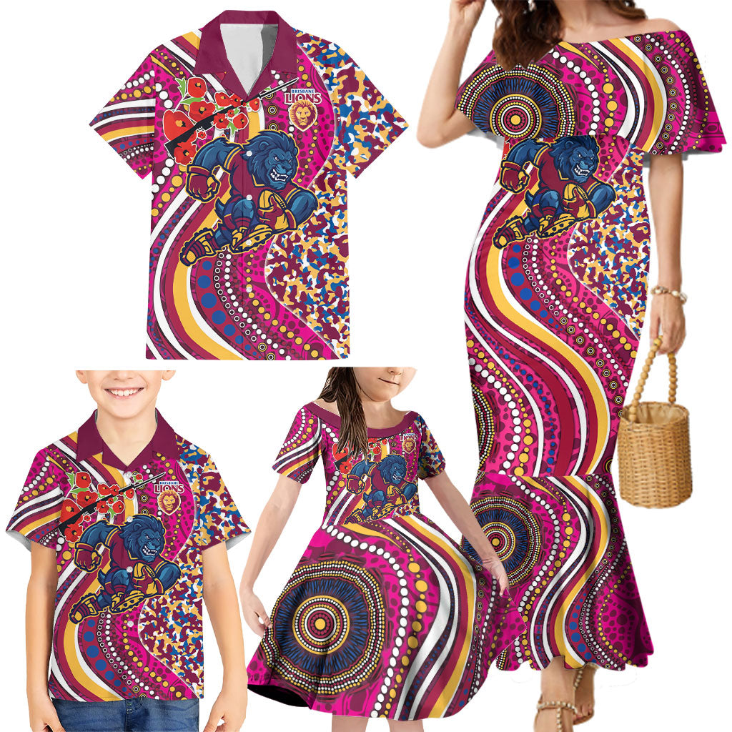 Brisbane Lions ANZAC Day Family Matching Mermaid Dress and Hawaiian Shirt Indigenous Poppy Remembrance Lion Warrior