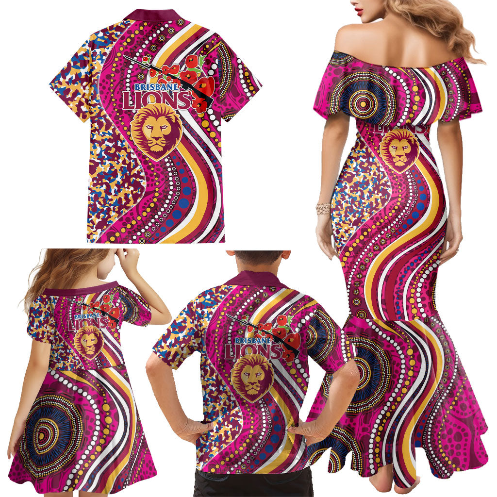Brisbane Lions ANZAC Day Family Matching Mermaid Dress and Hawaiian Shirt Indigenous Poppy Remembrance Lion Warrior