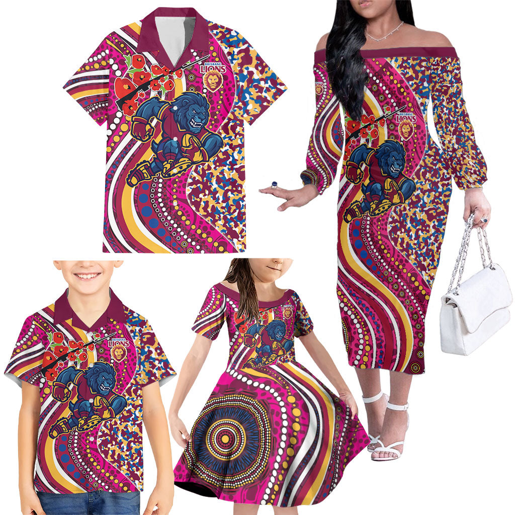 Brisbane Lions ANZAC Day Family Matching Off The Shoulder Long Sleeve Dress and Hawaiian Shirt Indigenous Poppy Remembrance Lion Warrior
