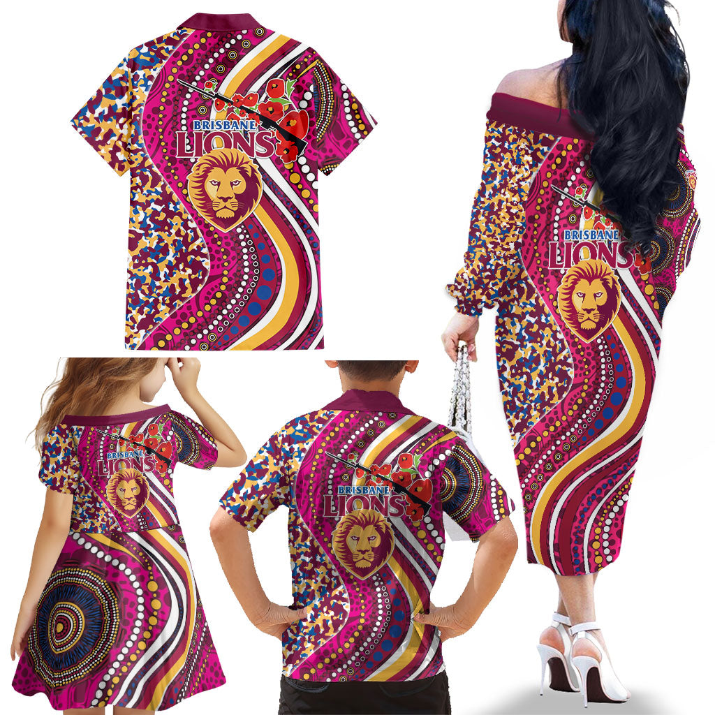 Brisbane Lions ANZAC Day Family Matching Off The Shoulder Long Sleeve Dress and Hawaiian Shirt Indigenous Poppy Remembrance Lion Warrior