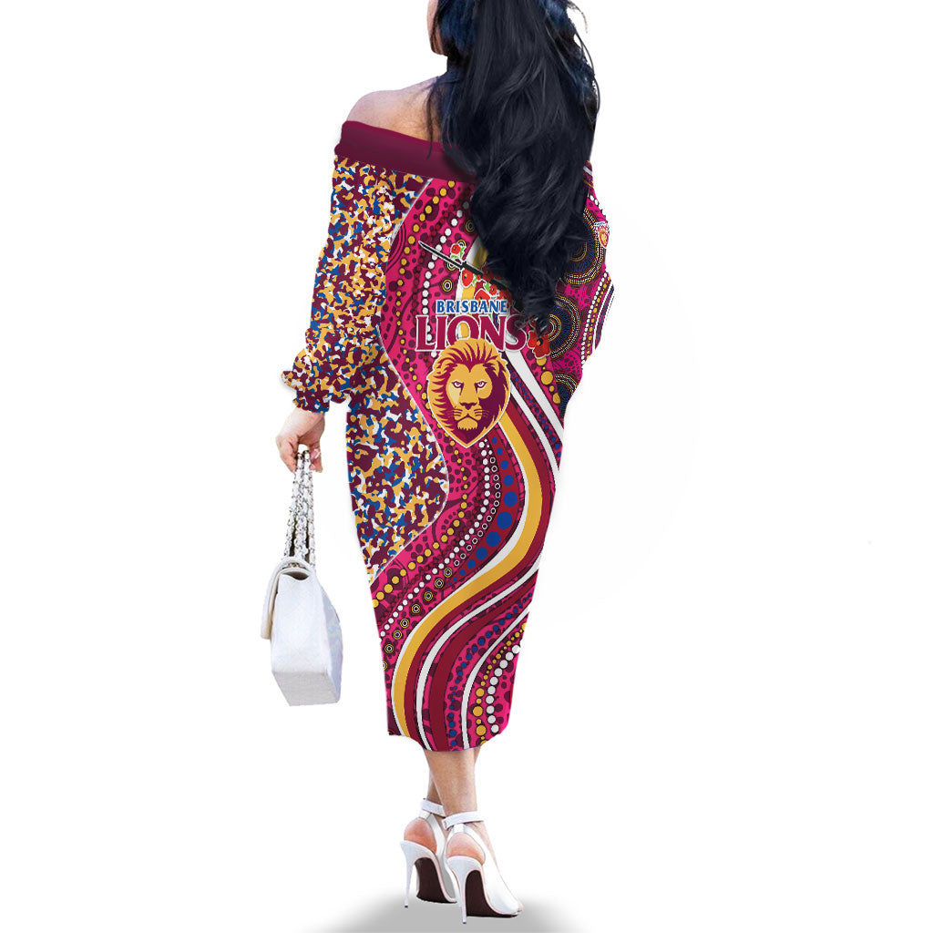 Brisbane Lions ANZAC Day Family Matching Off The Shoulder Long Sleeve Dress and Hawaiian Shirt Indigenous Poppy Remembrance Lion Warrior