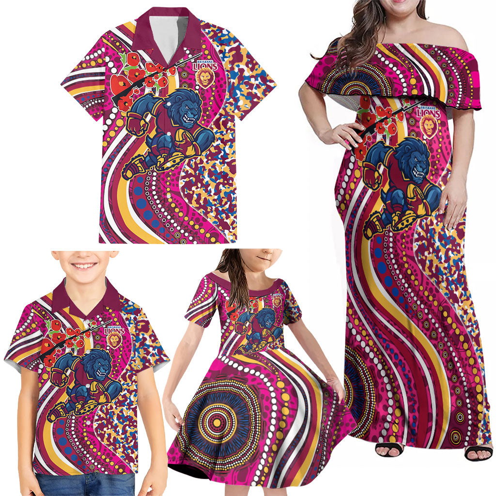 Brisbane Lions ANZAC Day Family Matching Off Shoulder Maxi Dress and Hawaiian Shirt Indigenous Poppy Remembrance Lion Warrior