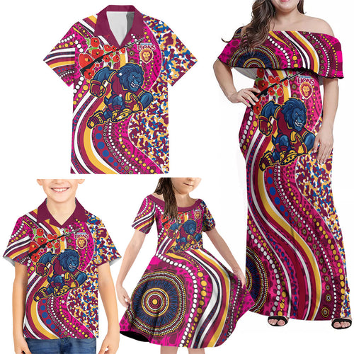 Brisbane Lions ANZAC Day Family Matching Off Shoulder Maxi Dress and Hawaiian Shirt Indigenous Poppy Remembrance Lion Warrior