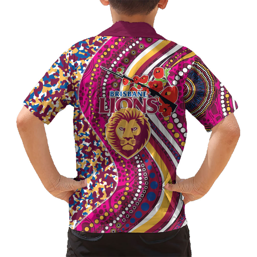 Brisbane Lions ANZAC Day Family Matching Off Shoulder Maxi Dress and Hawaiian Shirt Indigenous Poppy Remembrance Lion Warrior