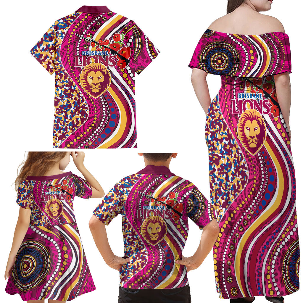 Brisbane Lions ANZAC Day Family Matching Off Shoulder Maxi Dress and Hawaiian Shirt Indigenous Poppy Remembrance Lion Warrior